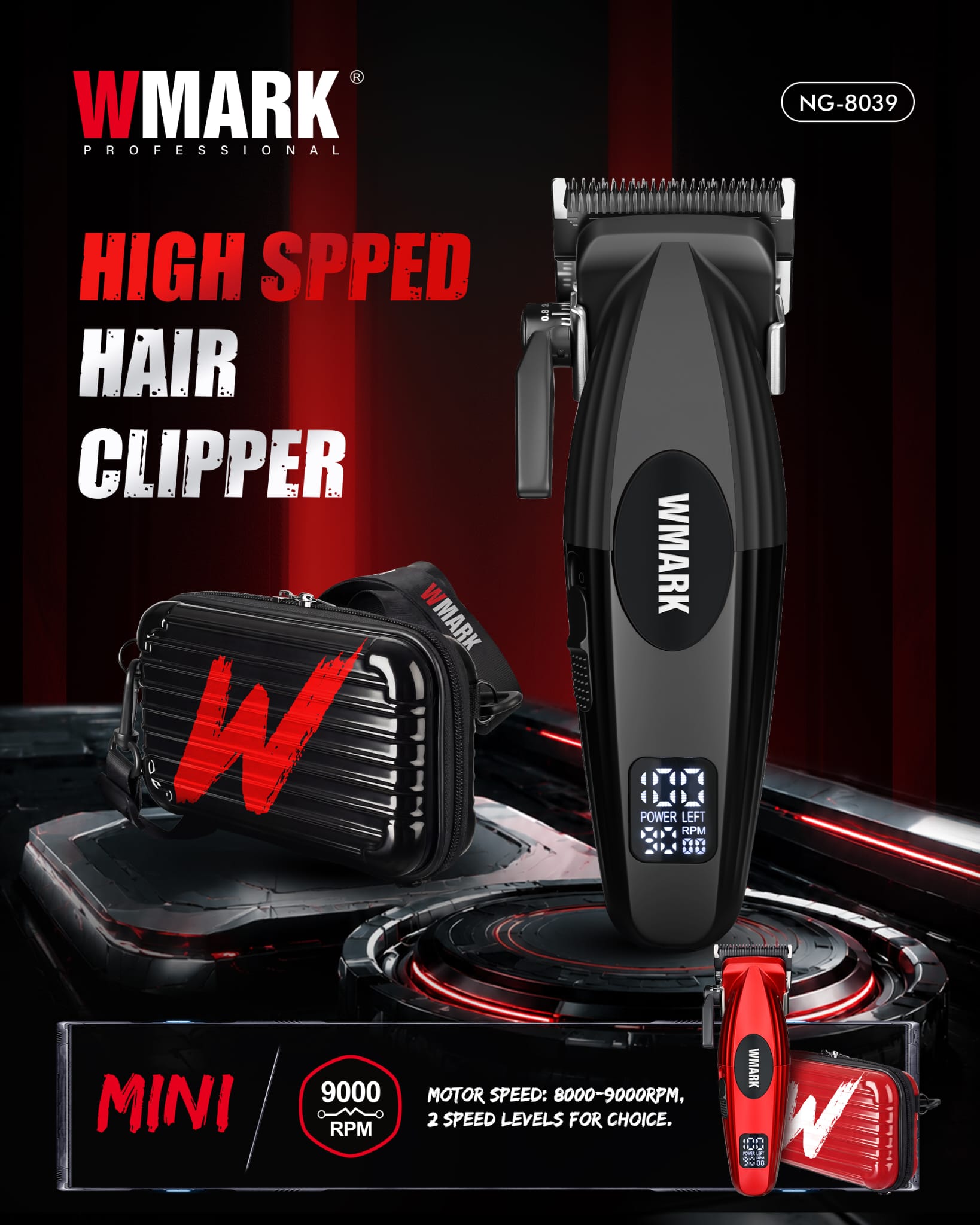 WMARK NG-8039 MINI – MAȘINĂ DE TUNS PROFESIONALĂ 9000 RPM, NEGRU / ROȘU - imagine 2