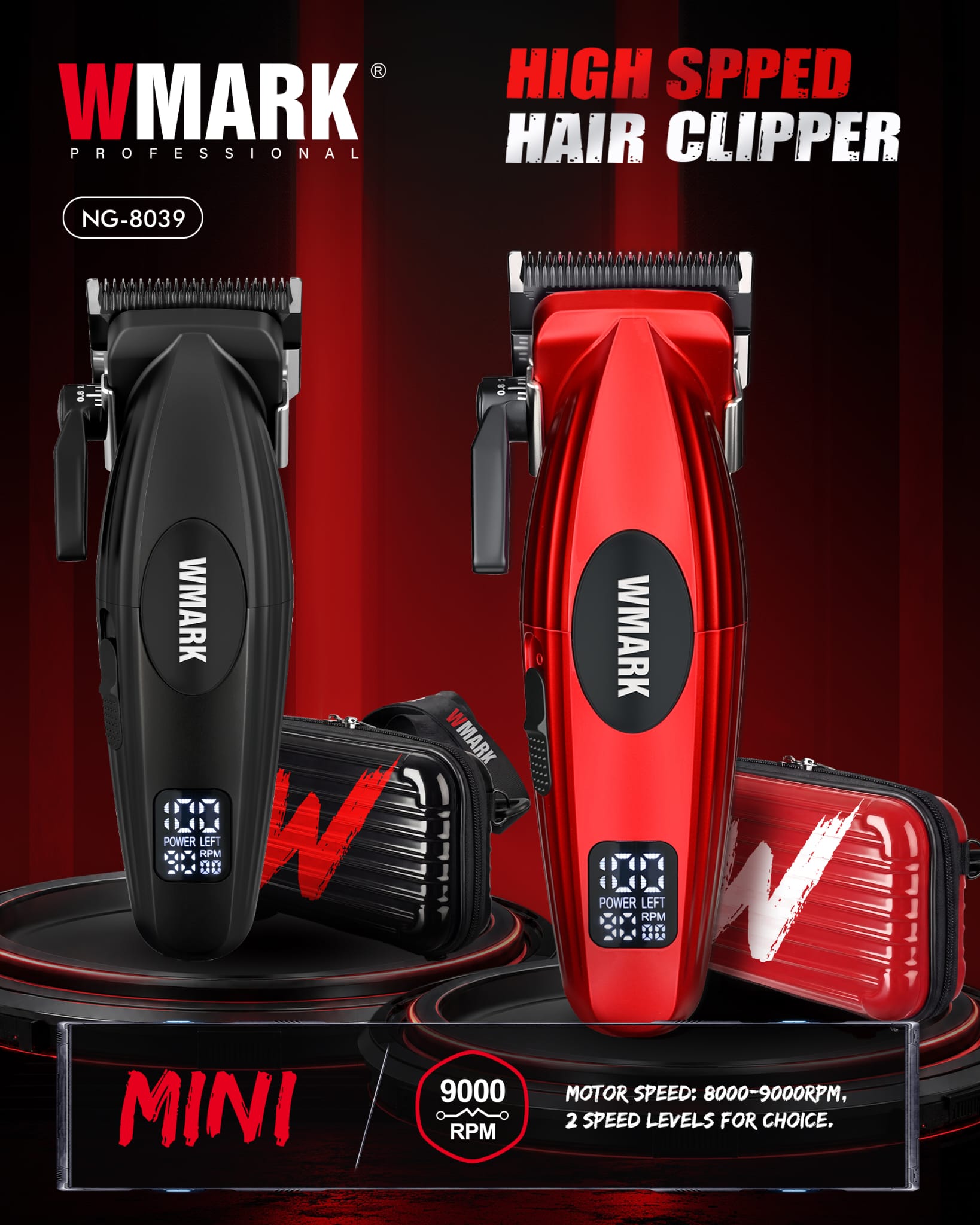 WMARK NG-8039 MINI – MAȘINĂ DE TUNS PROFESIONALĂ 9000 RPM, NEGRU / ROȘU